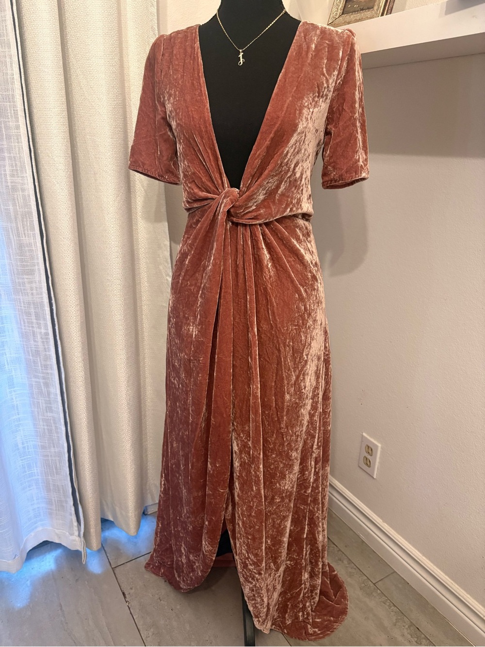 J.O.A. Crushed Velvet Knot-Front Maxi Dress in Dusty Rose